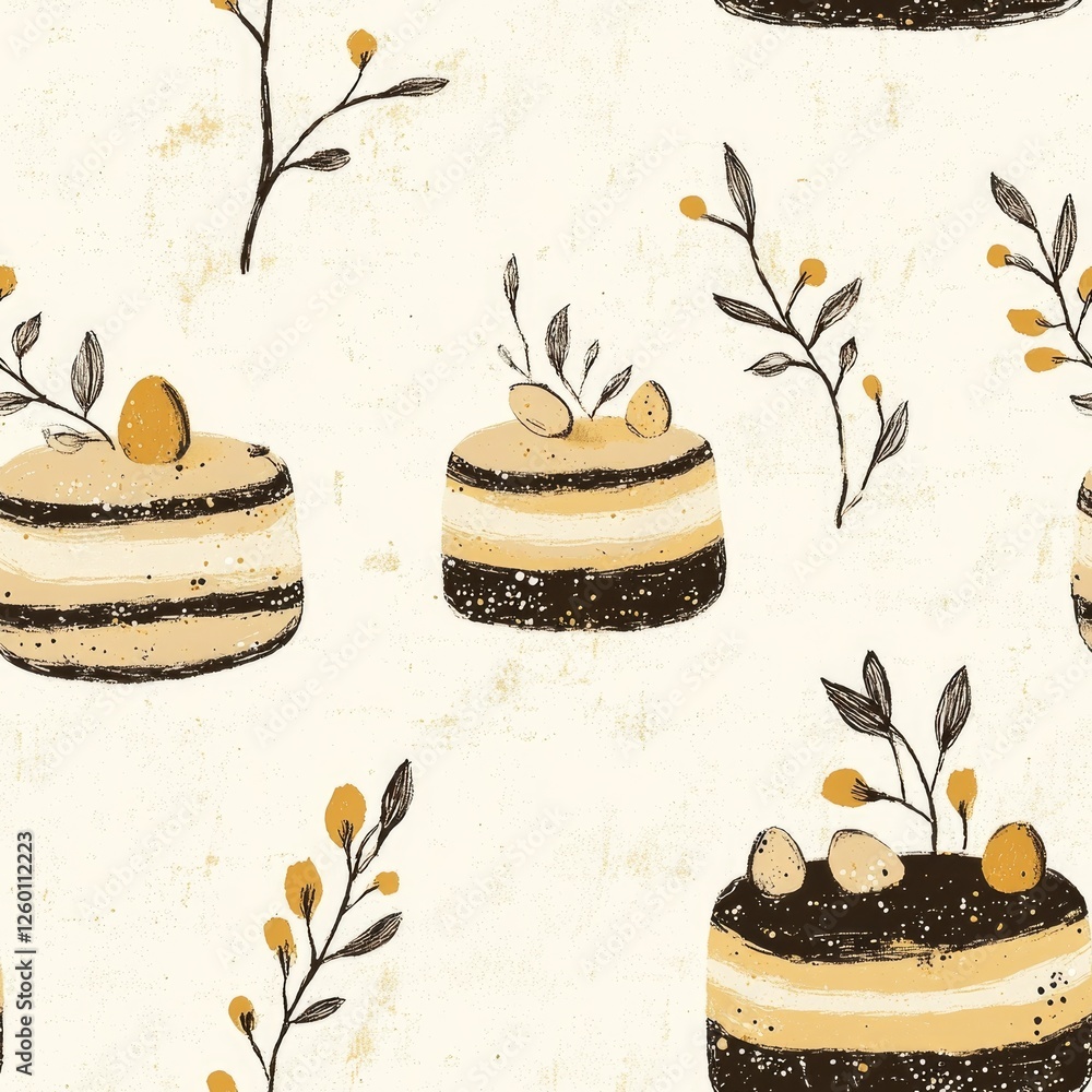 Poster a pattern of cakes and leaves is drawn in a sketchy style