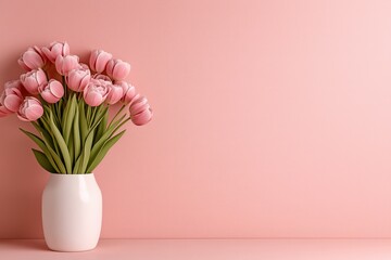 Soft lilac tulips adorned with a pearlescent ribbon resting against a pastel peach backdrop create a tranquil floral display