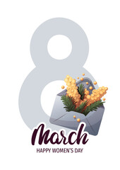 March 8 card design with envelope with mimosa flowers. Happy Women's Day greeting card. Vector illustration for card, cover, poster, postcard.