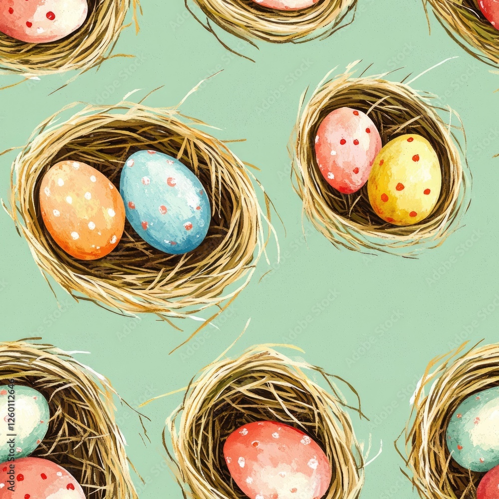 Poster a pattern of eggs in nests with different colors and designs