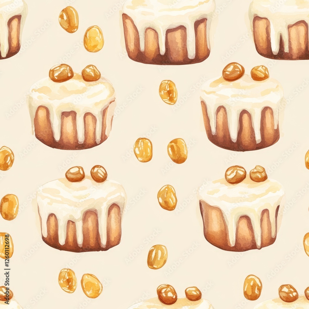 Poster a pattern of cakes with icing and nuts
