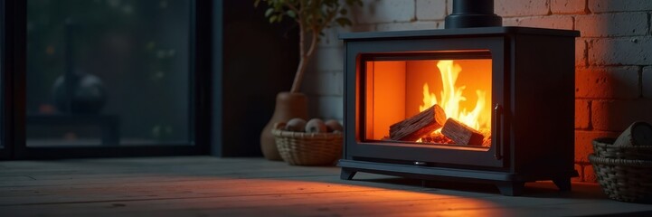 Fototapeta premium Modern wood & pellet burning stove, glowing embers, glass, hybrid stove, home
