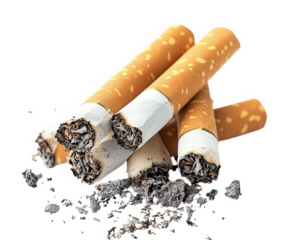 Cigarettes with broken ends and ash scattered on surface, symbolizing smoking habits and health risks. image conveys sense of waste and addiction