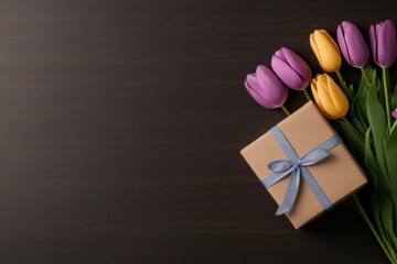 Vibrant yellow and purple tulips arranged with a gift box tied with a blue ribbon on a dark wooden background