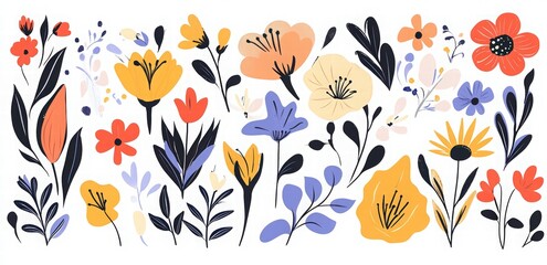 Colorful spring flowers and leaves vector illustration set on a white background. clipart collection of spring flowers. summer blossom collection for a wedding, party decoration, or greeting card