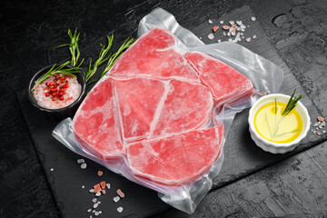 Vacuum packaging with tuna steaks. Raw frozen tuna fillet. Top view.
