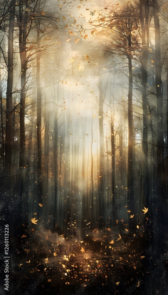 Aufkleber rain-drenched forest illuminated by soft golden light, glowing autumn leaves creating cinematic dept