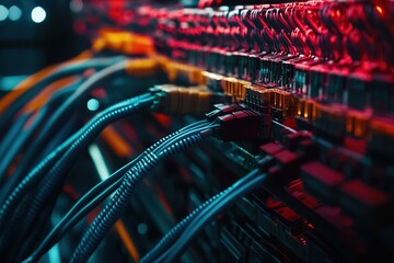 Fototapeta premium Exploring Network Cables: High-Speed Data Transmission and Connectivity in Modern Servers, Illuminating the Digital Infrastructure.