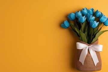 Bright blue tulips elegantly tied with a white satin ribbon stand out against a soft pastel yellow background with ample copyspace