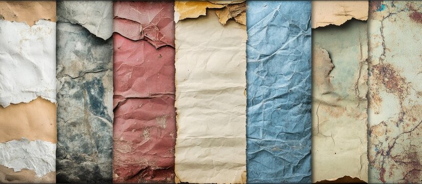 Aged grunge paper backgrounds in varied earthy tones including beige, blue, red, and green arranged horizontally with crumpled textures and layered appearance.