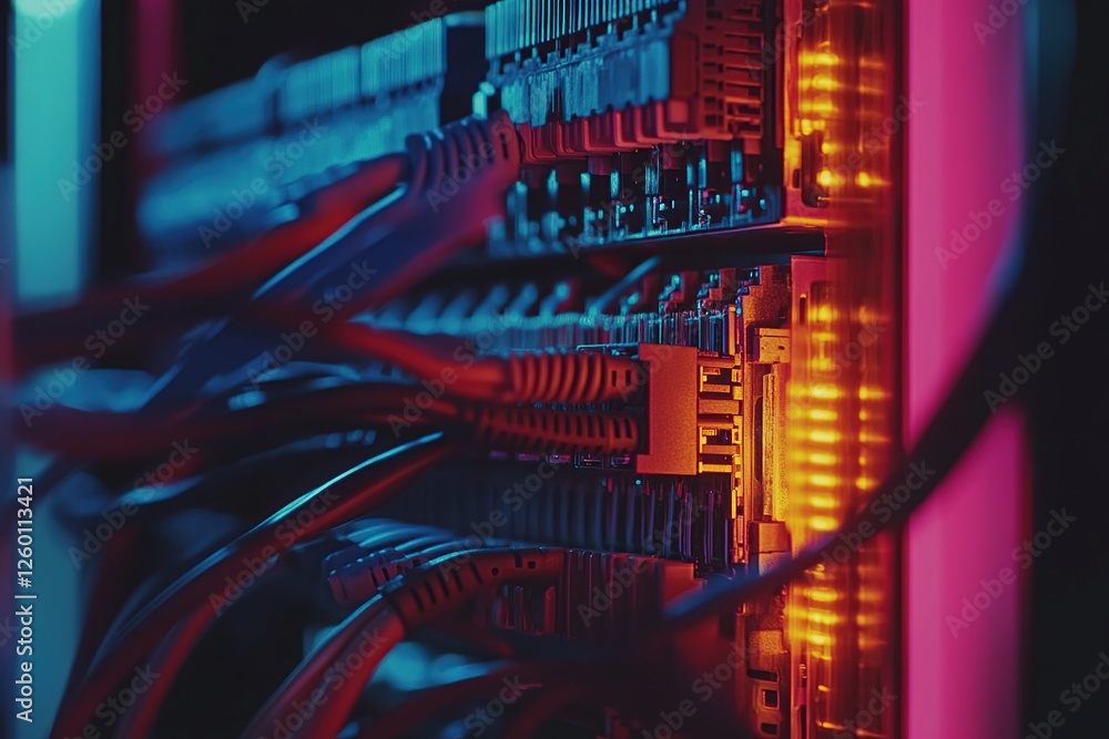 Poster exploring network hardware: data center cables connect servers, illuminating digital infrastructure