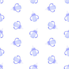Violet baby bottles vector seamless pattern. Infant nutrition, newborn feeding, nursing background
