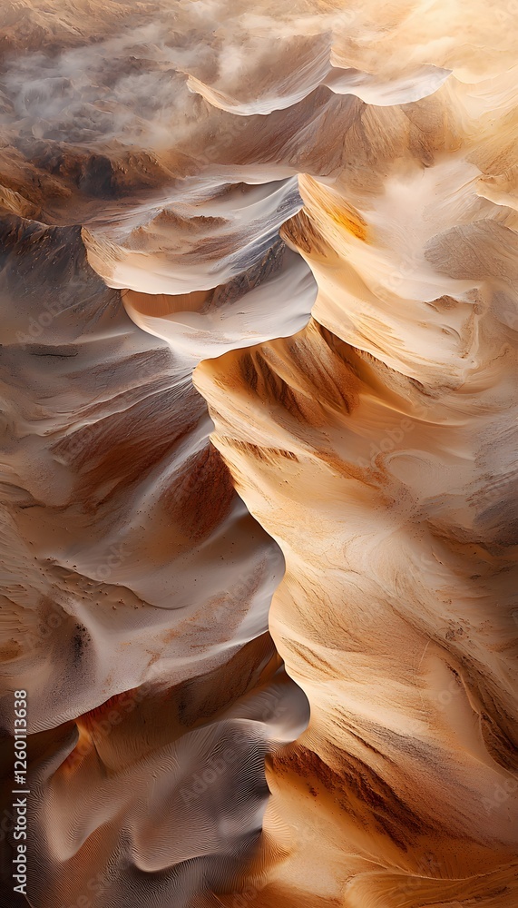 Poster abstract aerial desert view with smooth dunes and sharp ridges, rich orange and beige tones, surreal