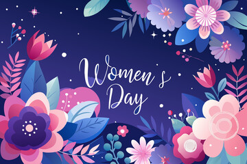 Naklejka premium A vibrant, colorful illustration celebrating Women's Day, featuring a variety of flowers framing the text 