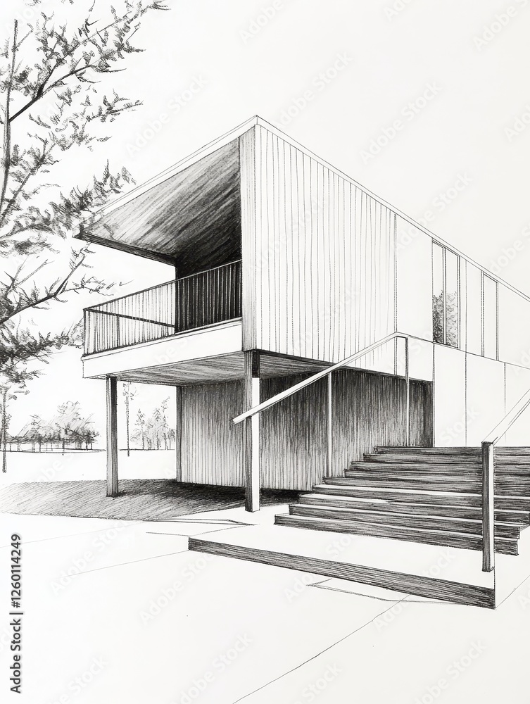 Poster modern architectural design of a minimalist building with stairs and trees in the background