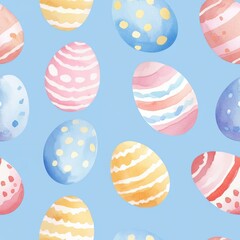 A blue background with a pattern of colorful eggs