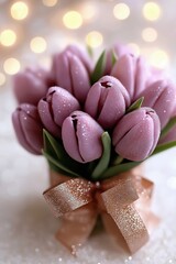 Muted violet tulips arranged with a shimmering copper ribbon against a soft peach background create an elegant spring decor