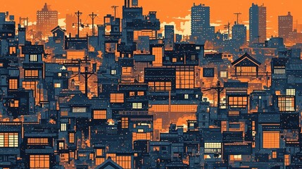 Pixel art cityscape at sunset with dense buildings and hazy sky
