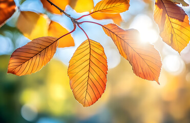 Golden Autumn Leaves Glowing in Warm Sunlight with a Blurred Background

