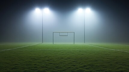 A close-up shot of an empty football field, with goalposts standing tall and bright overhead lights casting long shadows.
