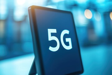 A sleek display shows "5G," highlighting the next generation of mobile connectivity in a modern technological environment.