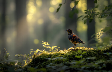 Bird Standing Gracefully on Moss-Covered Ground in a Misty Forest

