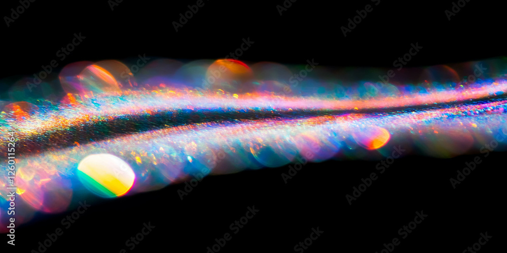 Poster bright bokeh texture with intense rainbow spectrum and crystalline sparkle against black background