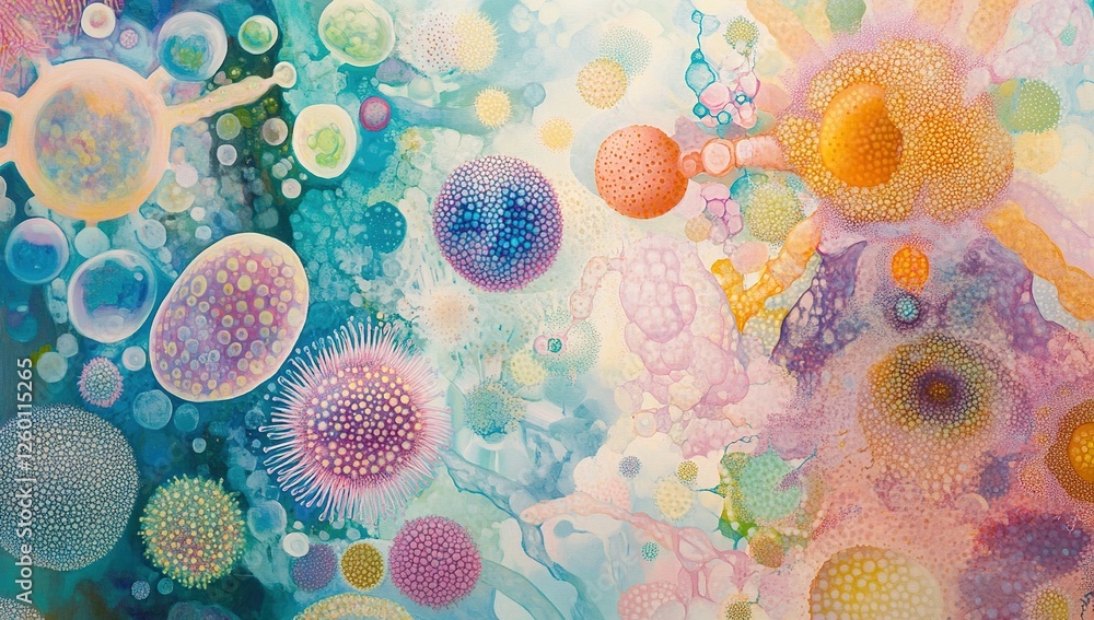 Aufkleber vibrant microscopic worlds: exploring colorful cellular structures and organic forms in abstract art