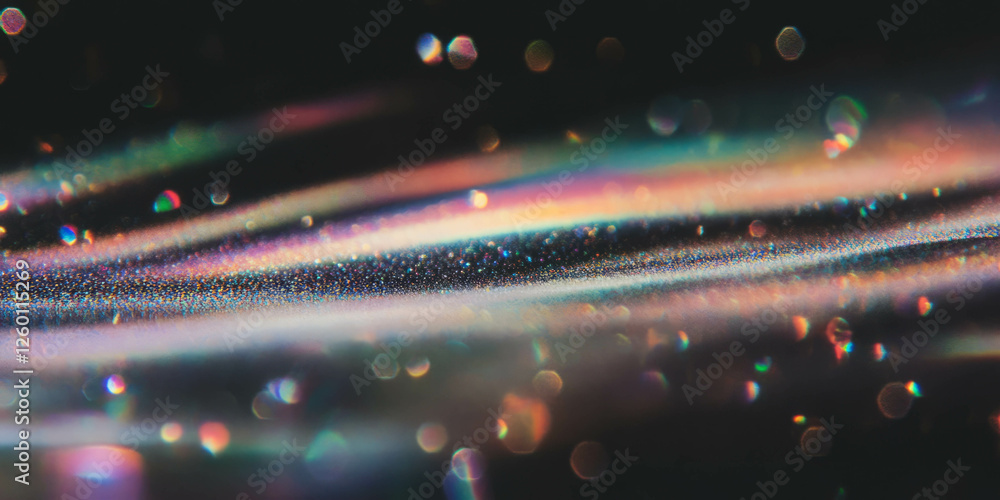 Poster Bright bokeh texture with intense rainbow spectrum and crystalline sparkle on black background