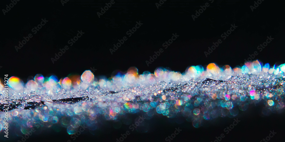 Poster bright bokeh texture with intense rainbow hues and sparkling crystals on black background