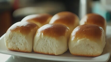 A close-up view of freshly baked bread rolls on a white plate, with open space around them for copy.