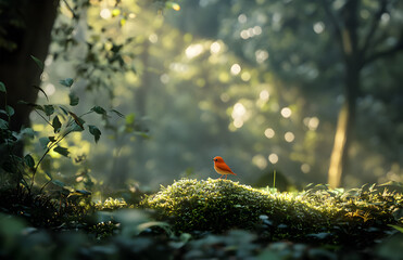 Tiny Red Bird Perched on Moss in a Sun-Dappled Forest

