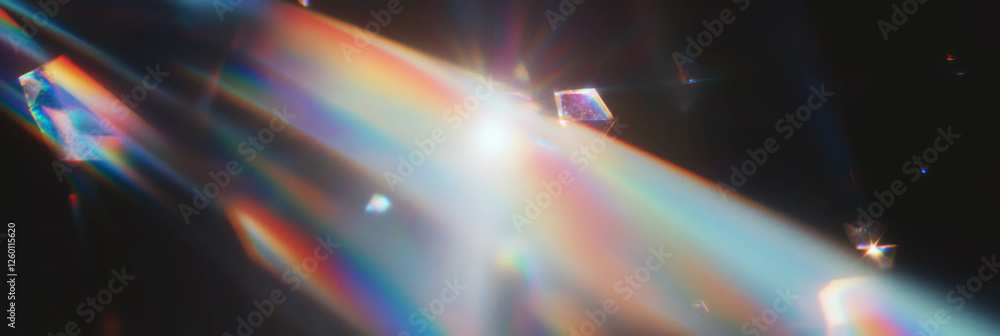Poster Bright crystal flares emitting intense rainbow spectrum with sharp edges in dark setting
