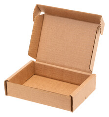 Open empty foldable cardboard box used for storage moving or shipping purposes isolated 
