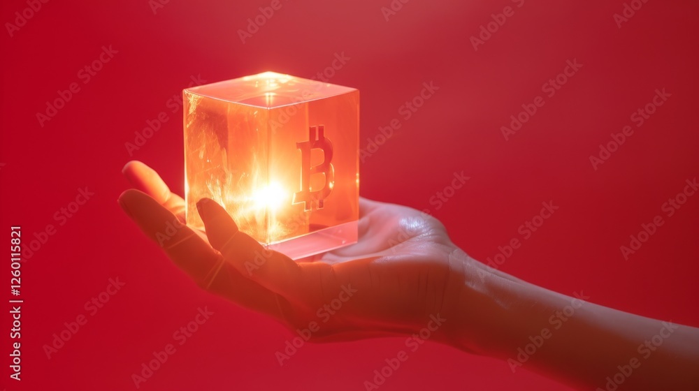 Poster a glowing bitcoin cube showcased in a hand on a bold red background, emphasizing digital innovation 