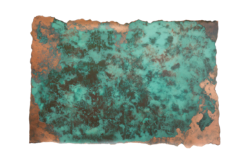 Metallic copper paper with verdigris patina isolated on transparent white background
