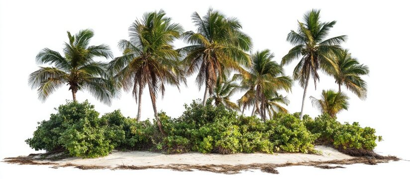Lush tropical palm grove featuring tall green palm trees against a bright white background with thick foliage contrasting natural beauty and serenity.