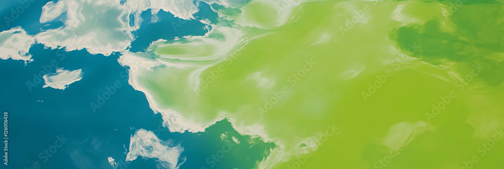 Poster reflections of sky and clouds on smooth bright green textured surface from above