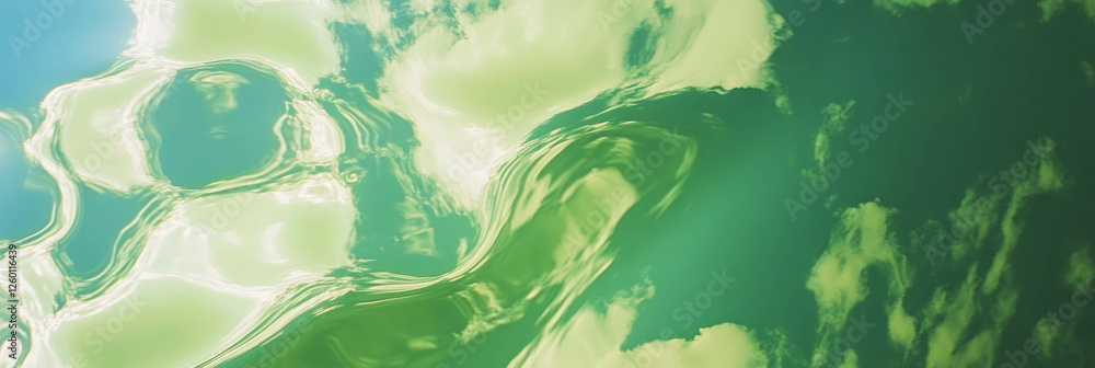 Poster Bright green surface reflecting sky and clouds with smooth texture from above