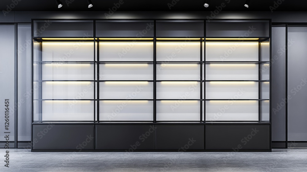 Poster a contemporary metal and glass display case with blank sections for showcasing products or adding te