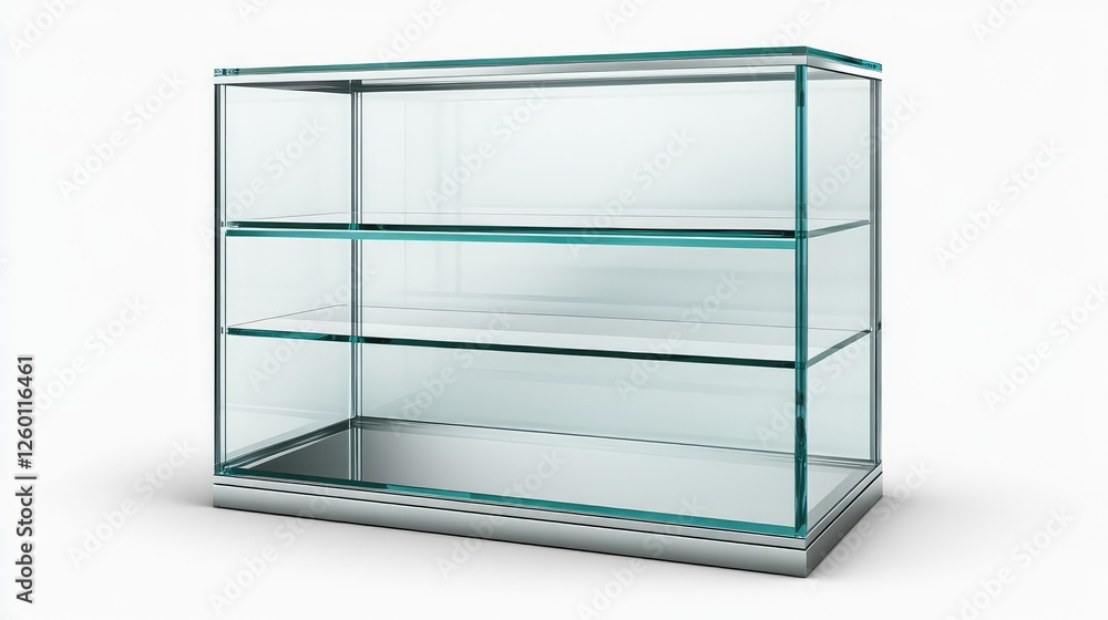 Poster a contemporary metal and glass display case with blank sections for showcasing products or adding te