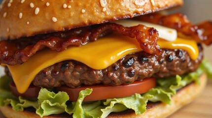 Indulge in this mouthwatering cheeseburger, featuring a juicy beef patty, crispy bacon, fresh lettuce, and tomato, all nestled in a sesame seed bun. Perfect for food lovers!