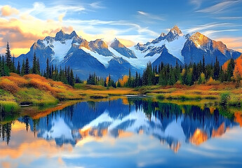 Majestic Snow-Capped Mountains Reflecting on Tranquil Water Under a Vibrant Sky

