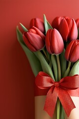 Royal blue tulips elegantly arranged with a fiery red ribbon against a honey-gold background offering a warm and vibrant display