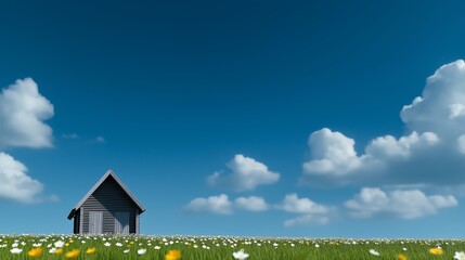 Peaceful Cabin in Summer Flower Field Simple Rural House in Meadow with Blue Sky and Clouds, Tranquil Landscape Scene, Sunny and Idyllic Countryside.