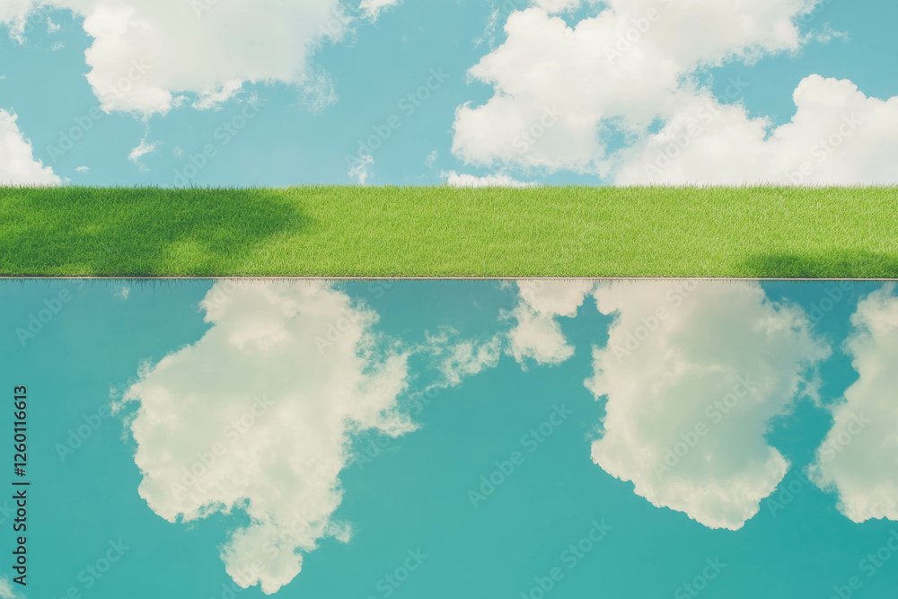 Poster bright green texture reflecting the sky and clouds against a dark background