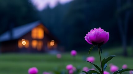 Romantic Peony at Dusk Cabin Peaceful Twilight Scene with Pink Flower in Focus, Blurred Rural Log Cabin and Garden in Background, Dreamy Evening.