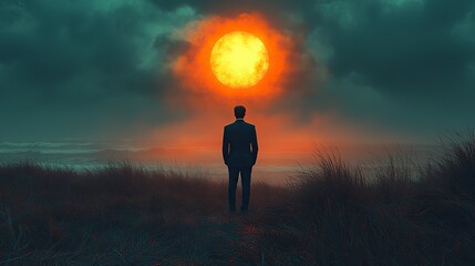 Fototapeta premium facing my faith silhouette of businessman looking at the sun in the stormy dark sky
