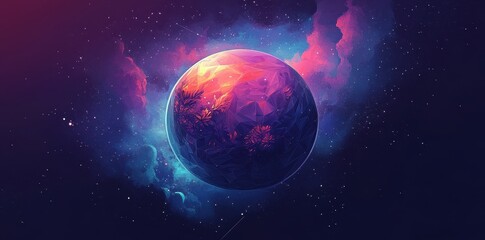 Obraz premium A vibrant planet with flora floats among cosmic nebulosity