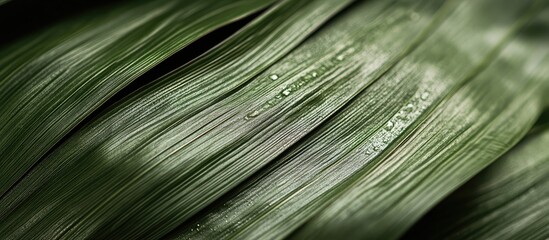 Fototapeta premium Lush dark green tropical foliage with intricate textures curling in smooth lines and droplets of water highlighting its vibrant details